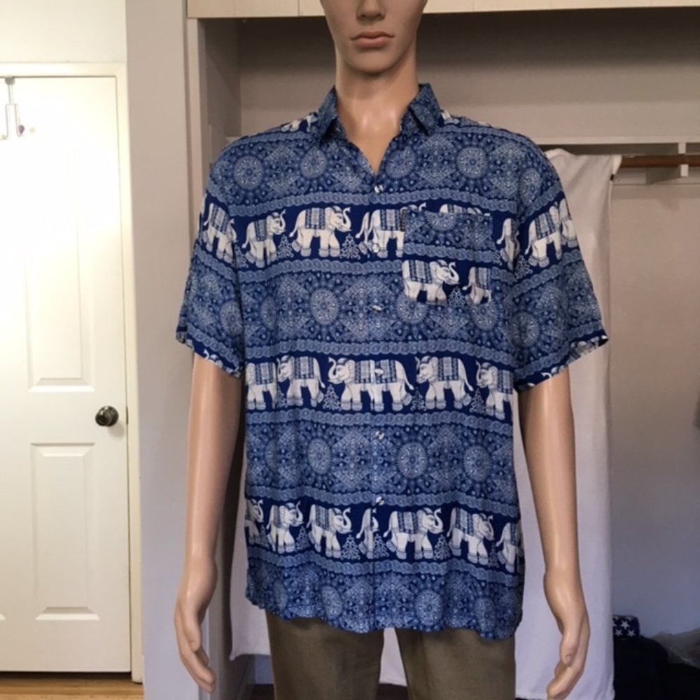 NWOT, Thai Elephant Men Shirt, shortsleeve 100% Cotton, Navy Blue, size XL